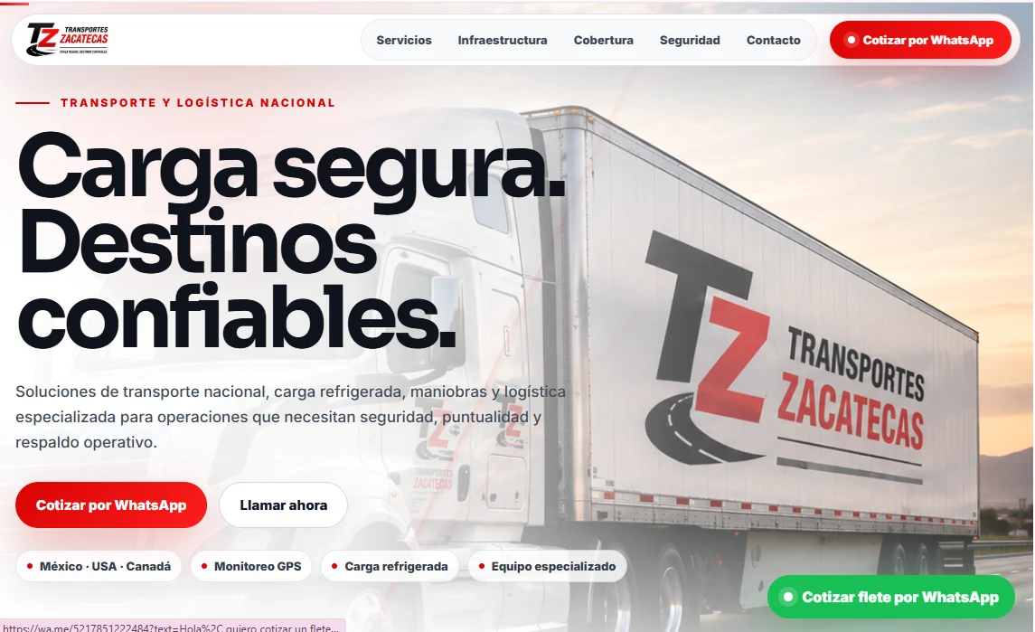Sitio web de Transportes Zacatecas
